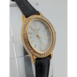 Relic Fossil Watch Women 21mm Gold Case MOP Dial Black Leather Band- New Battery